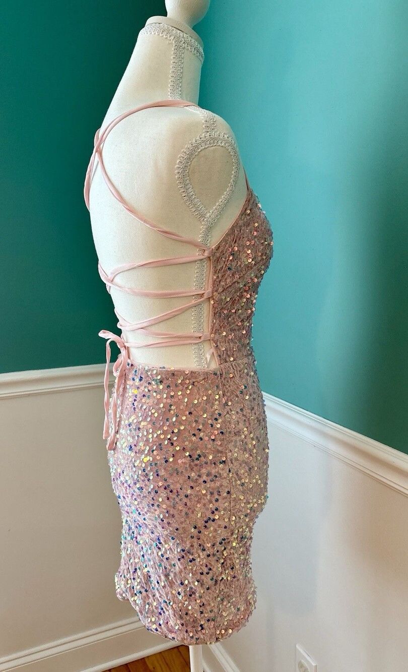XS Barbiecore Pink Iridescent Sequin Bodycon Mini Dress Lace Up - Picture 5 of 12
